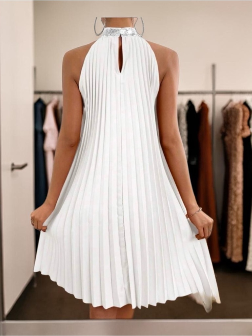 White Pleated Halter Swing Dress with Sequin Collar  | Elegant and Flowy - Picture 2 of 8